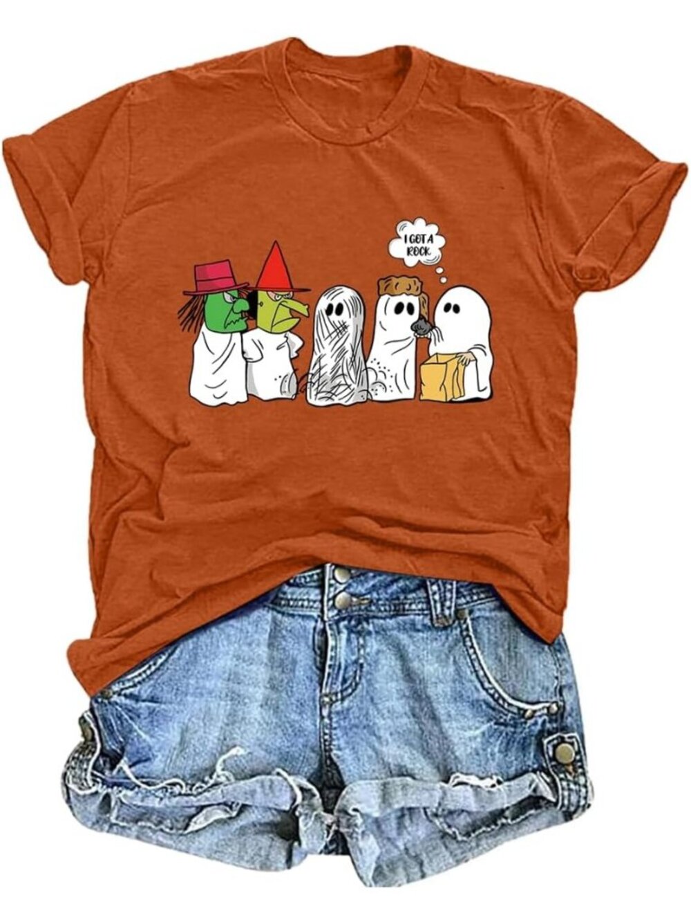 🆕 Women's Orange 'I Got A Rock' Halloween Ghost Graphic Tee Shirt